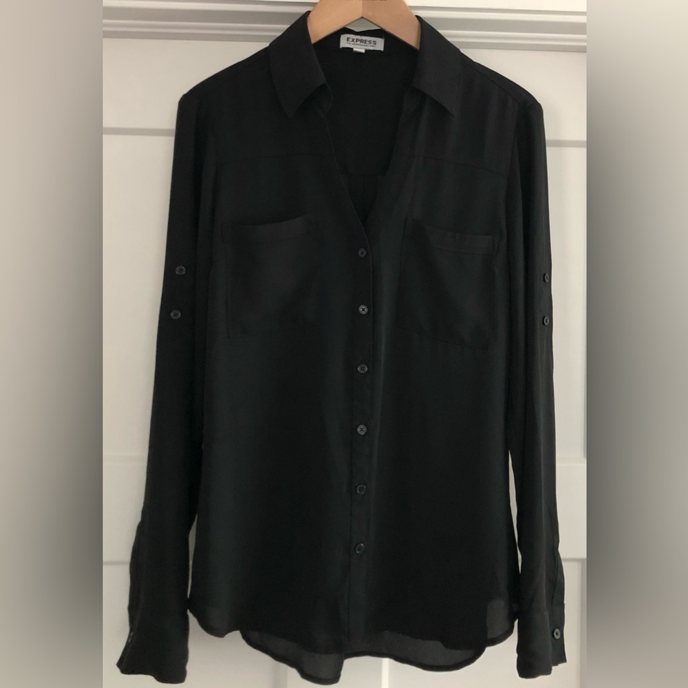 Express Size Small ‘Portofino’ Solid Black Adjustable Slv Button Blouse Shirt